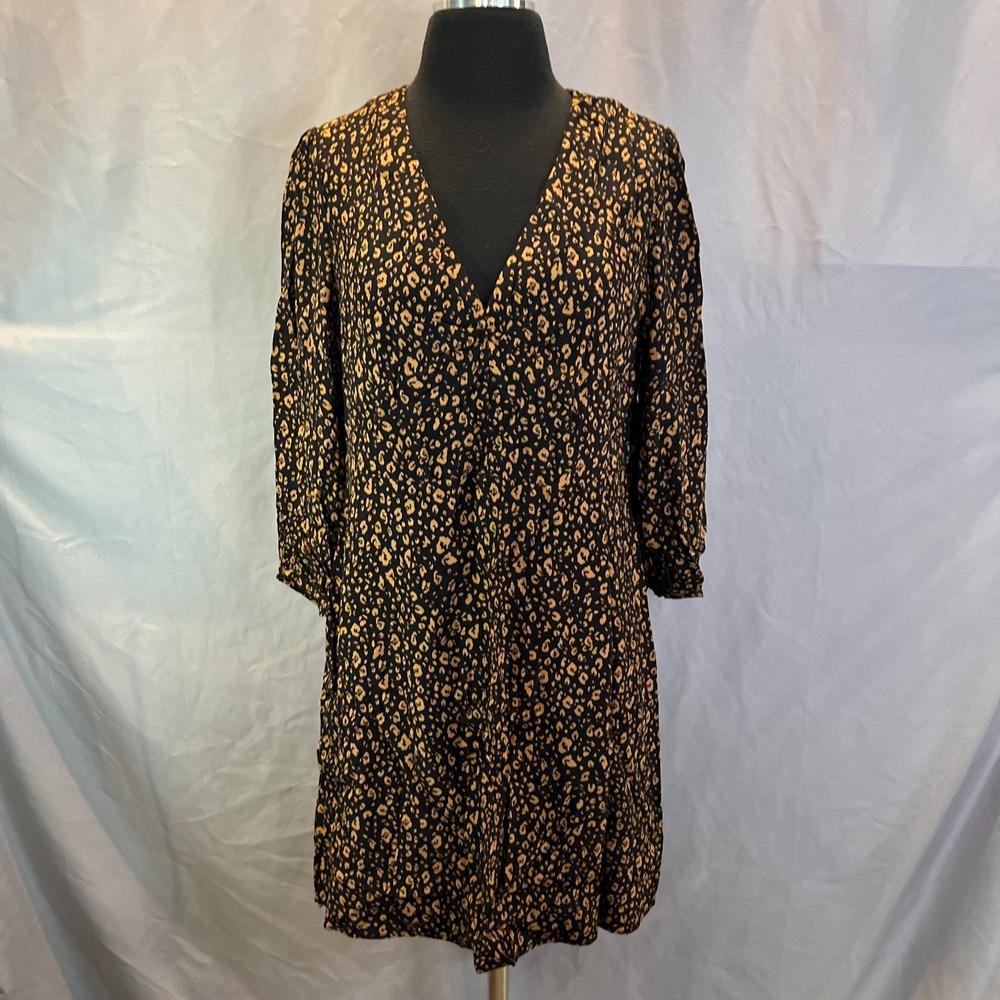 Mango A Line Dress Womens 10 Black Brown Leopard Print 3/4 Sleeves Back Zip